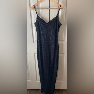 VINTAGE MASQUERADE Black Tonal Metallic Floral Whimsigoth Prom Maxi Dress 9/10